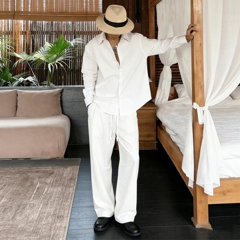 Linen Shirt Breathable - Weißes Leinen-Set Locker Sitzende Langarm-Hemden Dünne