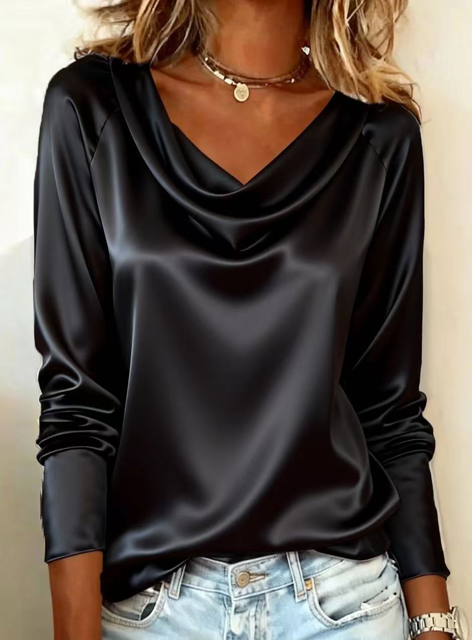 Shirt Camp Collar - Luxuriöse Satin-Bluse in Unifarbe mit V-Ausschnitt