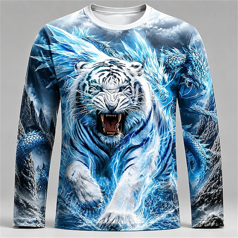 Tee Graphic Print - Herren Langarmshirt mit Blau-Weißem Tiger-Drachen-Print, Rundhalsausschnitt,